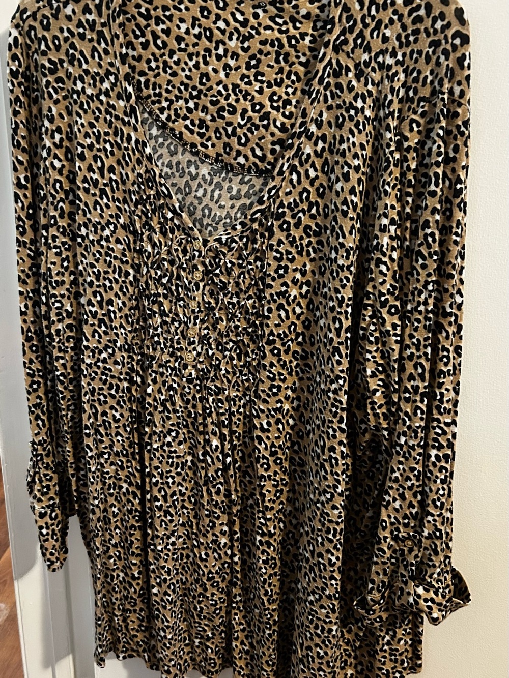 Kim Rogers Leopard Print Button-Front Blouse in Tan Black and Cream